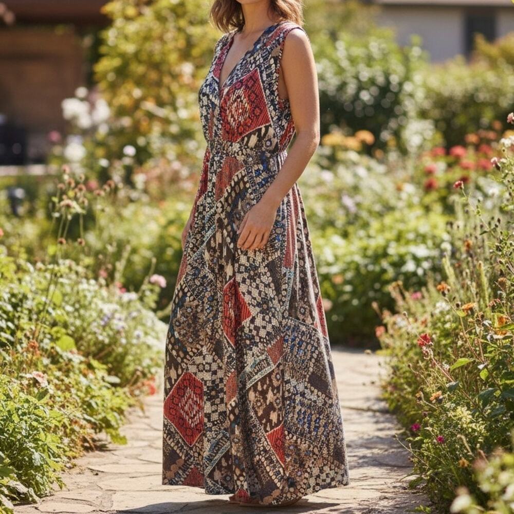 Susan Lawrence Brown Orange Maxi Dress Sz 2X Patchwork Sleeveless Stretchy Vneck - Picture 2 of 7